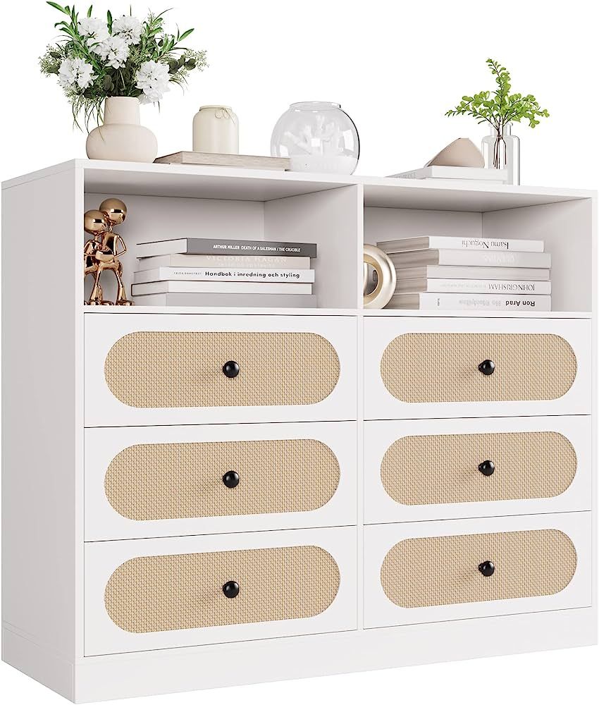 FULTRU White Dresser for Bedroom, 6 Drawer Dresser Rattan Dresser with Deeper Drawers and 2 Open ... | Amazon (US)
