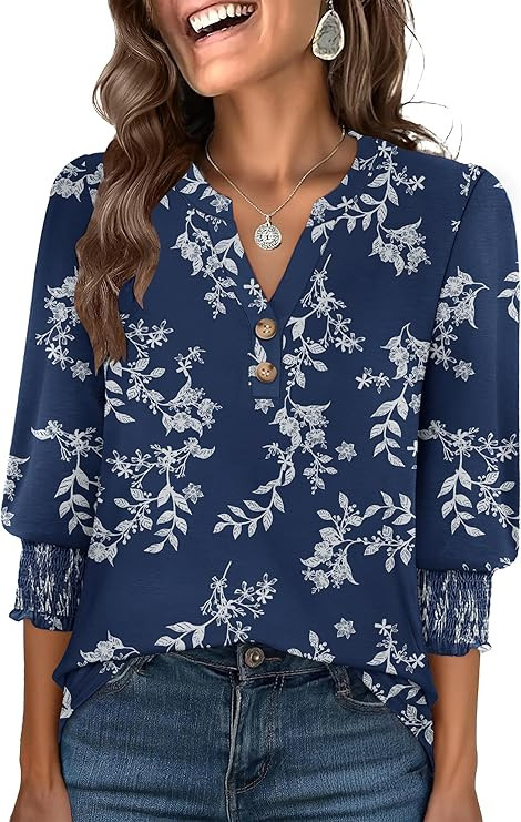 ANRABESS Womens Tops 3/4 Sleeve Henley V Neck Soft Blouses Dressy Casual Work Business Shirts 202... | Amazon (US)