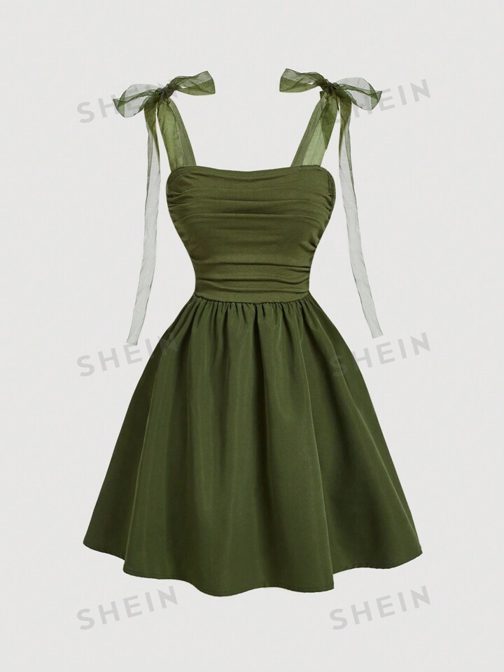 SHEIN MOD Women's White Mesh Spaghetti Strap Bow Tie Ruched Romantic Summer Dress | SHEIN USA | SHEIN