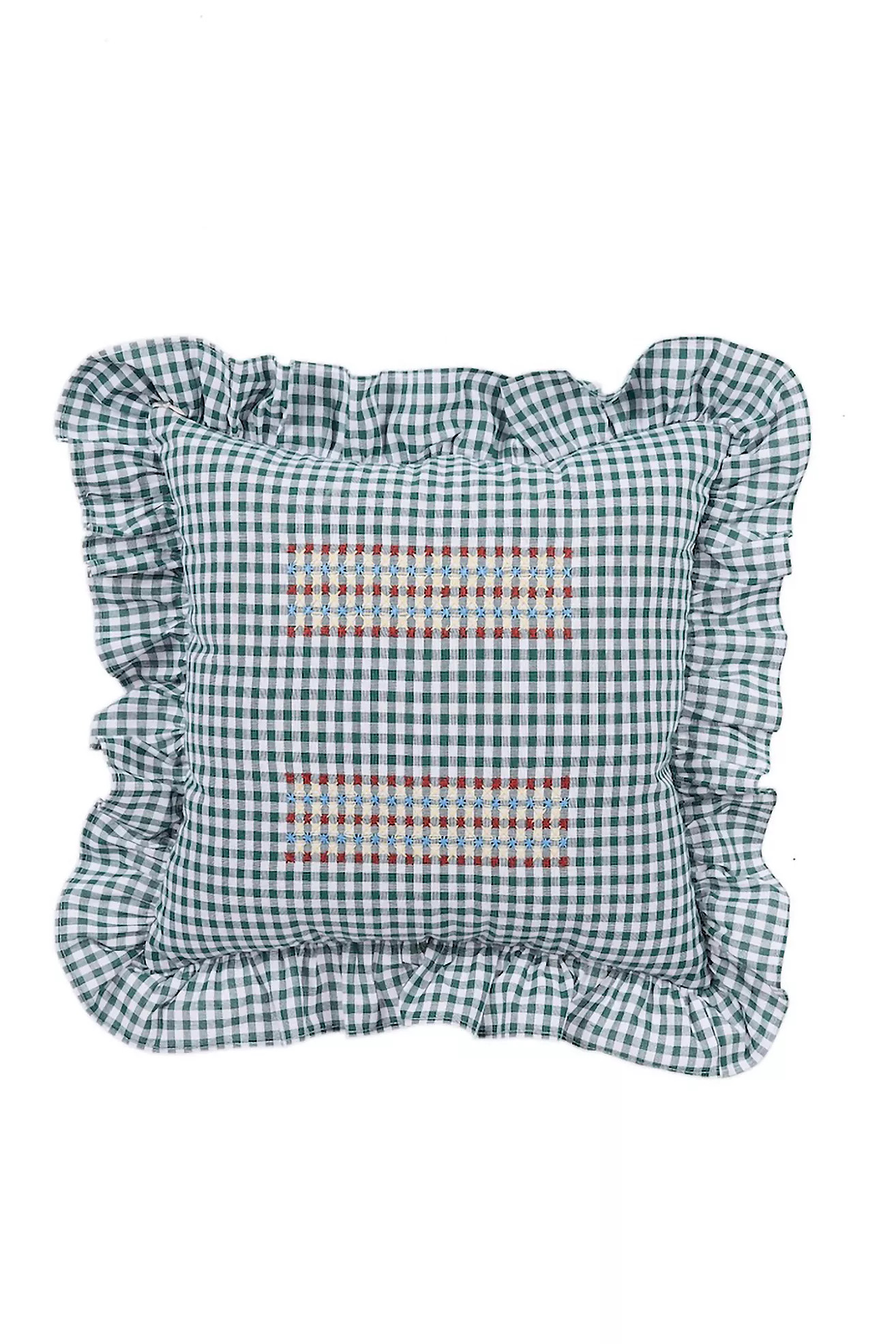 Casa Edel Embroidered Gingham Ruffle Pillow | Anthropologie (US)