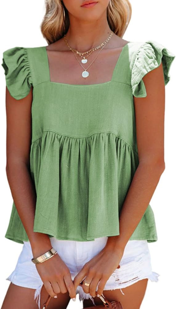 LYANER Women's Summer Peplum Blouse Square Neck Ruffle Strap Sleeveless and Backless with Button ... | Amazon (US)