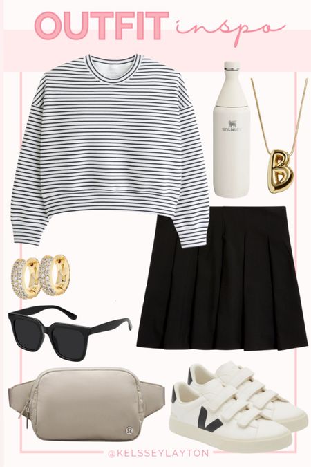 Outfit idea, Abercrombie, striped sweatshirt, black skort, activewear, Veja sneakers, Lululemon belt bag
#LTKFindsUnder50 

#LTKActive #LTKSaleAlert