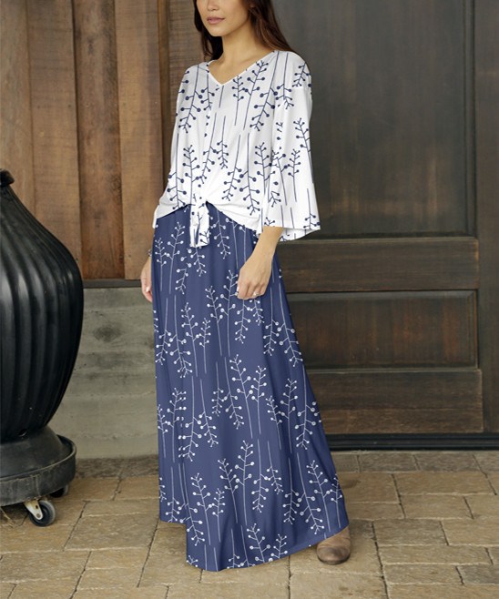 Bon Apple Tea Women's Maxi Skirts BLU - White Floral Tie-Hem V-Neck Top & Blue Floral Maxi Skirt - W | Zulily