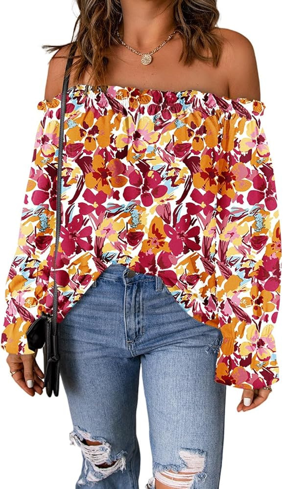 Women's Off Shoulder Top Ruffle Long Sleeve Chiffon Blouse Casual Loose Shirts | Amazon (US)