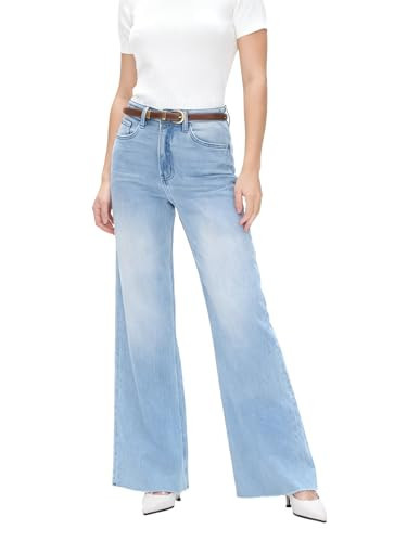BlueMoment Wide Leg Jeans for Women High Waisted Stretchy Baggy Jeans for Women Trendy BBL Jeans Raw Hem Loose Denim Pants with Pocket(Light Blue) | Amazon (US)