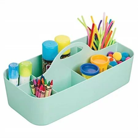 mdesign plastic portable craft storage organizer caddy tote, divided basket bin with handle for craft, sewing, art supplies - holds paint brushes, colored pencils, stickers, glue, x-large - mint green | Walmart (US)