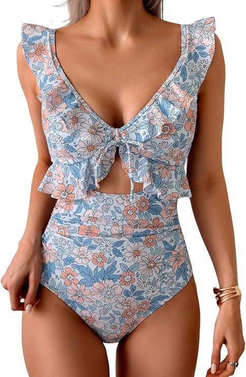 Eomenie One Piece Swimsuit for Women Tummy Control Ruffle Bathing Suit V Neck Ruched Swim Suit Sl... | Amazon (US)
