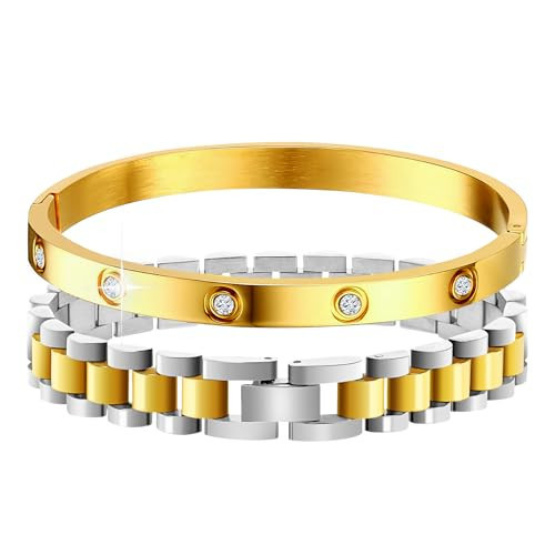Gold Bangle Stacked Bracelets for Women, 2PCS Adjustable Mixed Metal Watch Band Wristband and CZ Bangle Bracelet Set, Thick Link Stainless Steel Non Tarnish Bracelets with Adjust Tool, Gold & Silver | Amazon (US)