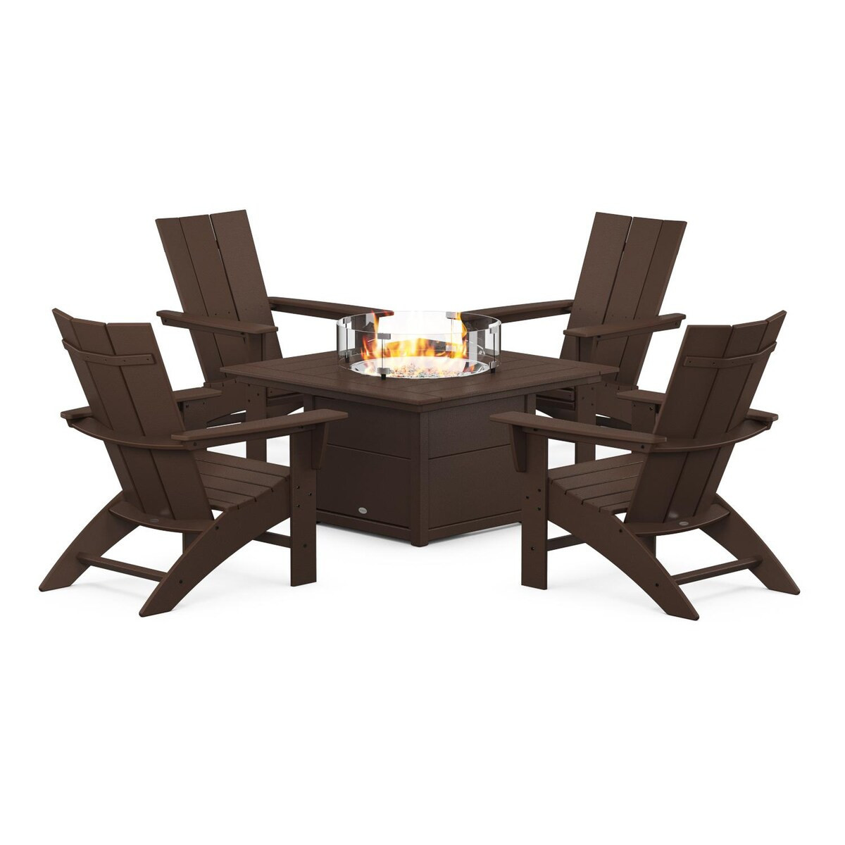 POLYWOOD Modern Adirondack 5 Pc Recycled Plastic Fire Pit Seating Set w/ Curveback Chairs in Mahogany by - PWS412-1-MA | BBQ Guys