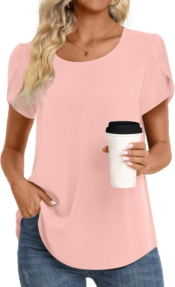 HOTGIFT 2024 Women Summer Tops Casual Short Sleeve Tunics Blouse for Leggings Crewneck Chiffon Sh... | Amazon (US)