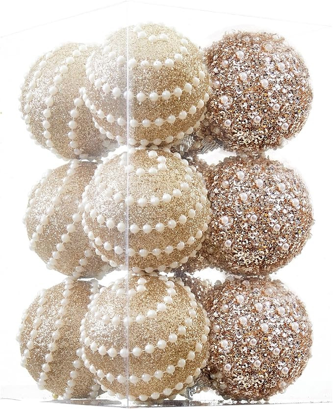 Champagne Christmas Ball Ornaments, Christmas Ball Decorations Shatterproof Plastic Hanging Pearl... | Amazon (US)