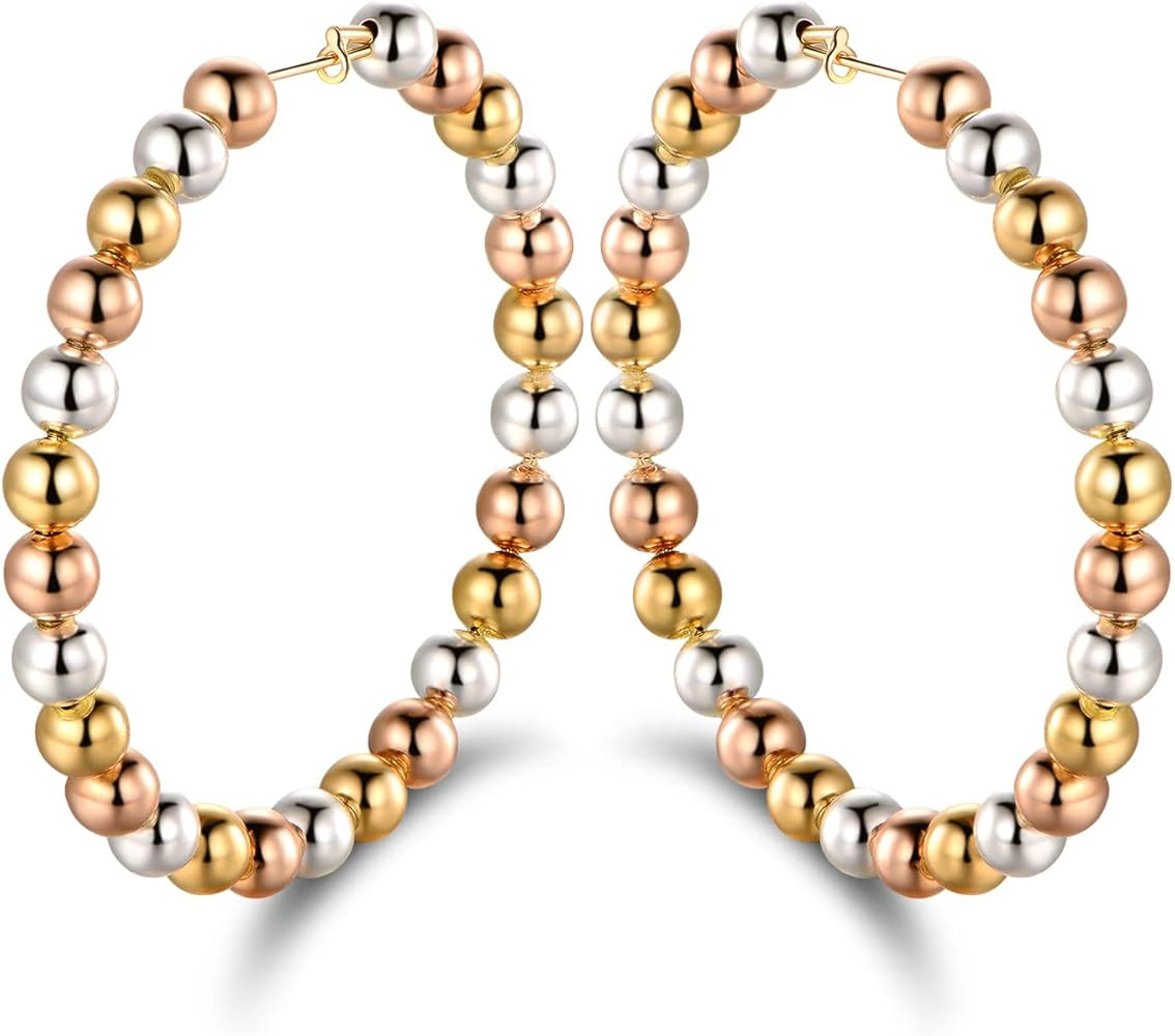 Barzel 18K Gold Plated Tricolor Ball Hoop Earrings for Women - Made In Brazil | Amazon (US)