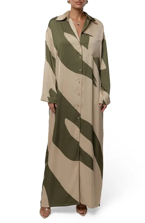 JLUXLABEL Long Sleeve Satin Maxi Shirtdress in Beige/Green at Nordstrom, Size Small | Nordstrom
