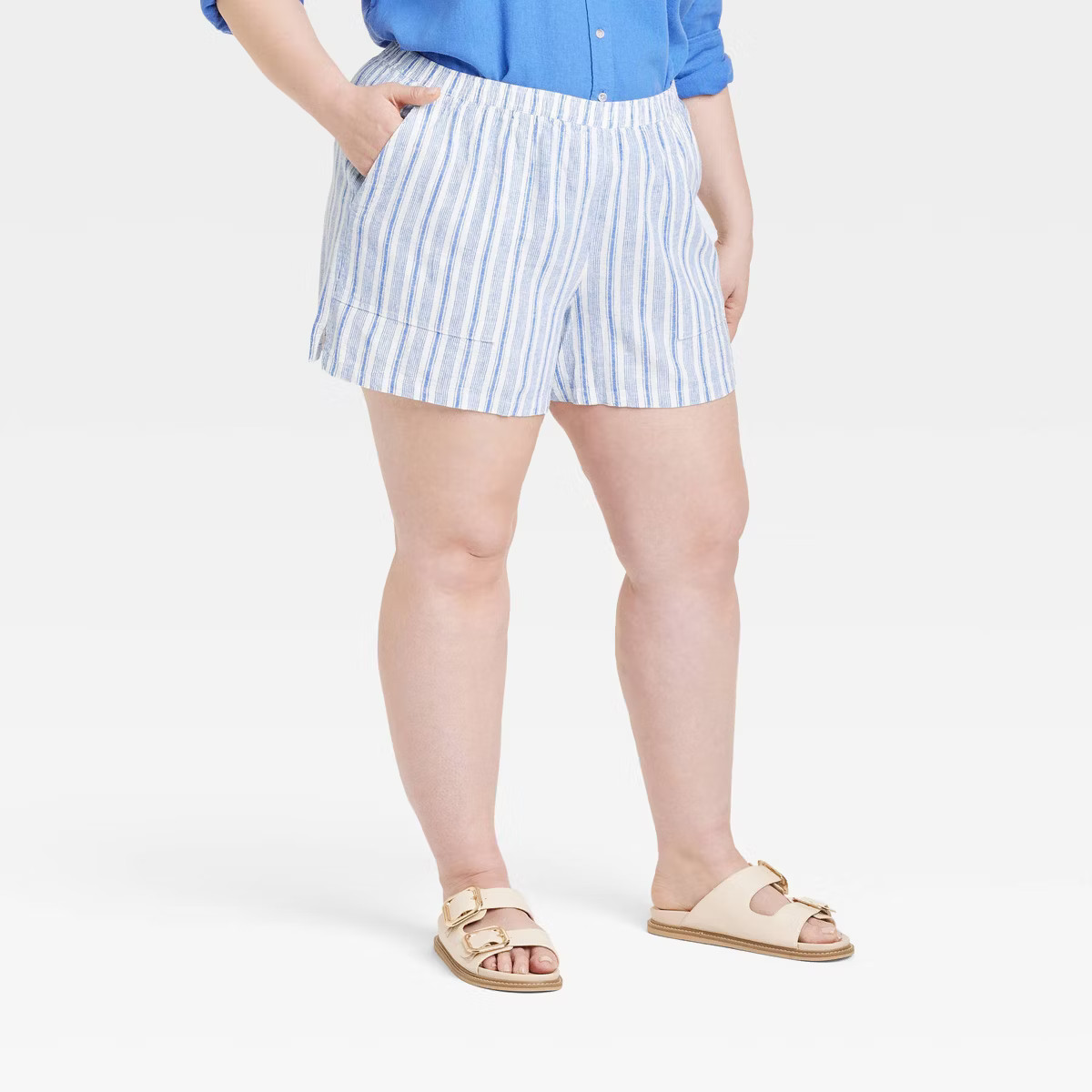 Women's Mid-Rise Linen Pull-On Shorts - Universal Thread™ Blue/White Striped 3X: Relaxed Fit, F... | Target