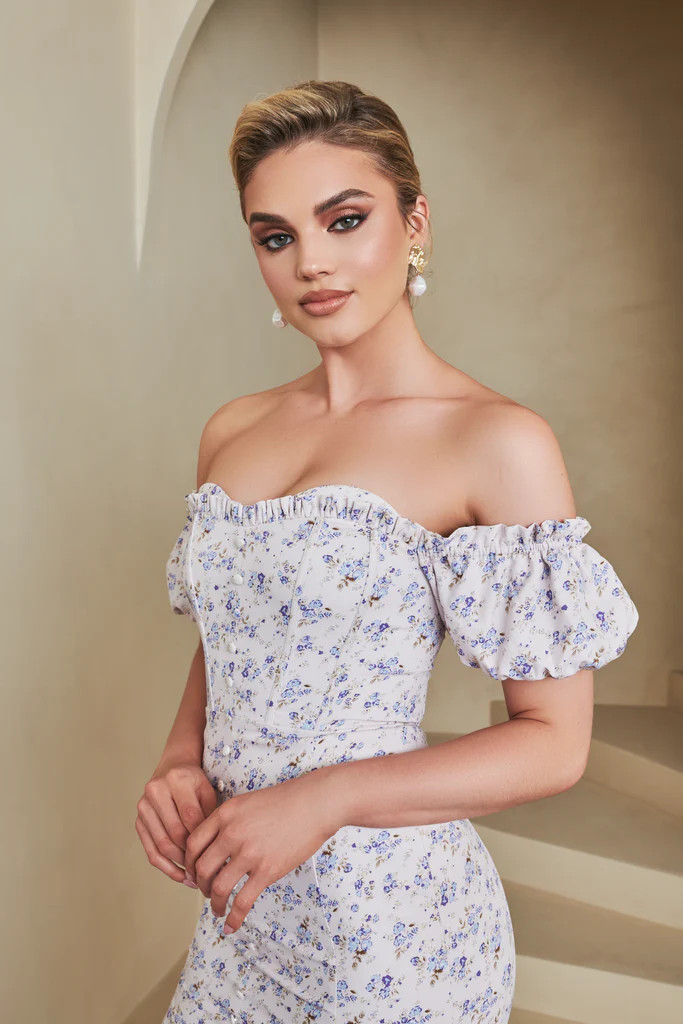 Bardot Puff Sleeve Mini Dress in Ditsy Floral | Lavish Alice