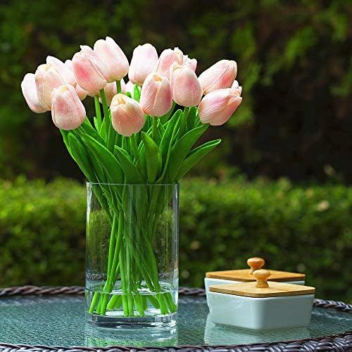 ENOVA HOME 20 Pieces Artificial Real Touch Tulips Flower Arrangement in Glass Vase with Faux Water f | Amazon (US)