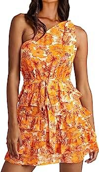 BTFBM 2023 Women One Shoulder Casual Summer Dresses Floral Boho High Waist Beach Ruffle Tiered A ... | Amazon (US)