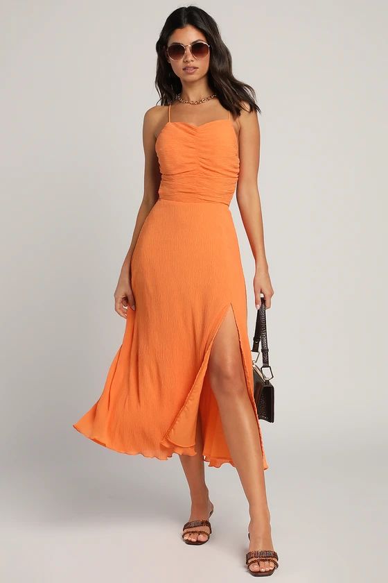 View From the Top Orange Plisse Sleeveless Lace-Up Midi Dress | Lulus (US)