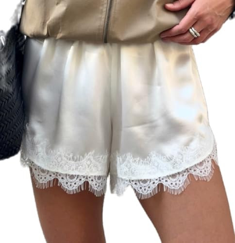 Women Satin Silk Micro Shorts Elastic Waist Lace Trim Slip Shorts Y2k Boxer Short Lounge Bottoms French Knicker(Slip White,L) | Amazon (US)