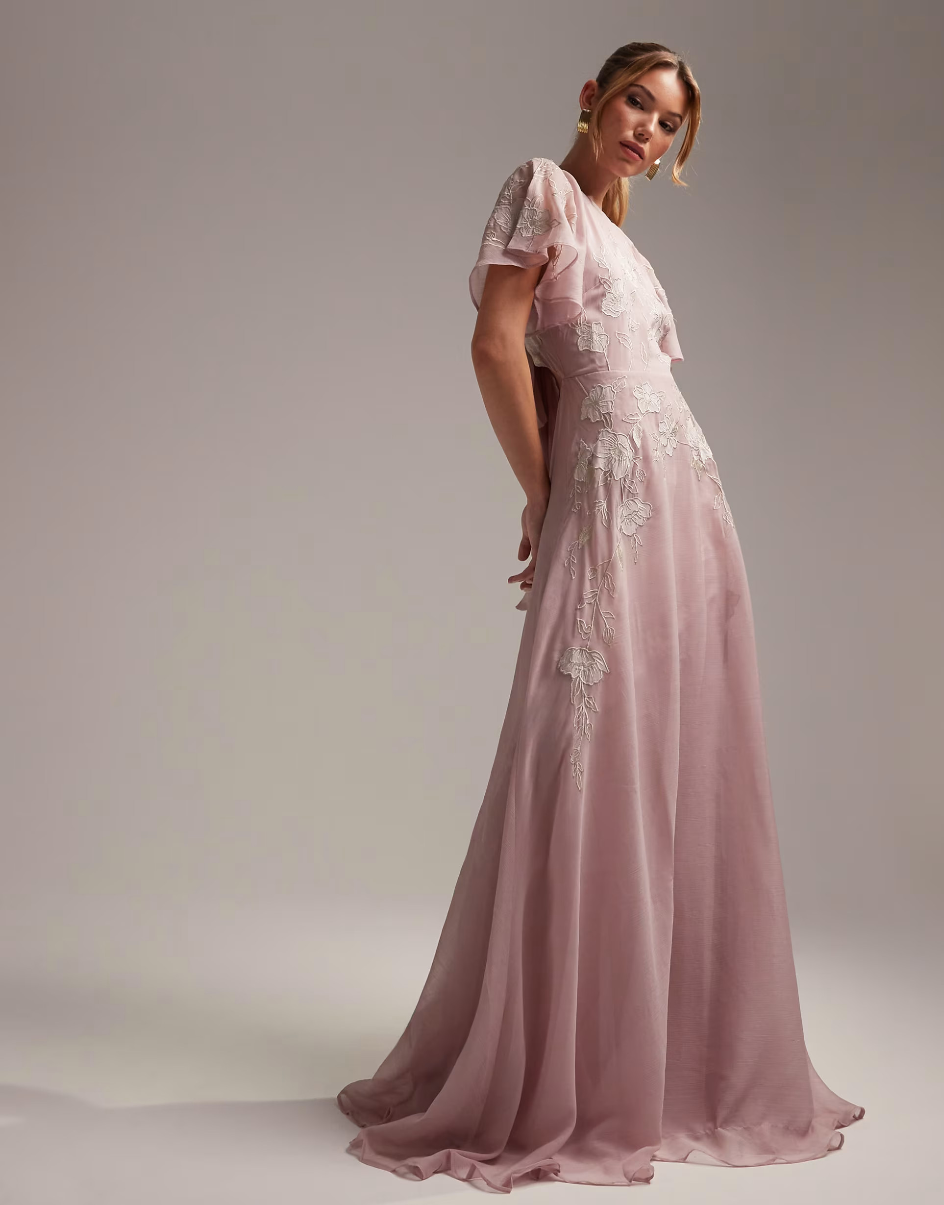 ASOS DESIGN Bridesmaid angel sleeve maxi dress with floral applique in rose | ASOS | ASOS (Global)