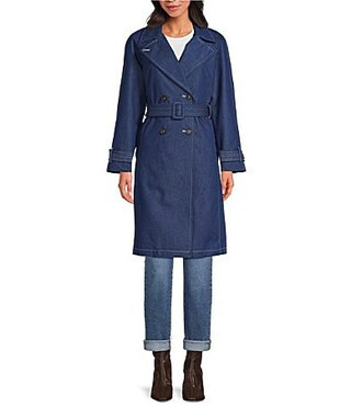 kate spade new york Denim Water Resistant Notch Collar Long Sleeve Belted Trench Coat - S | Dillard's