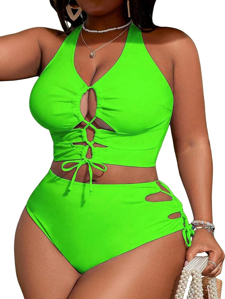 SOLY HUX Women's Plus Size Bikini Set Sexy Swimsuit Lace Up Tummy Control 2 Piece Bathing Suit | Amazon (US)