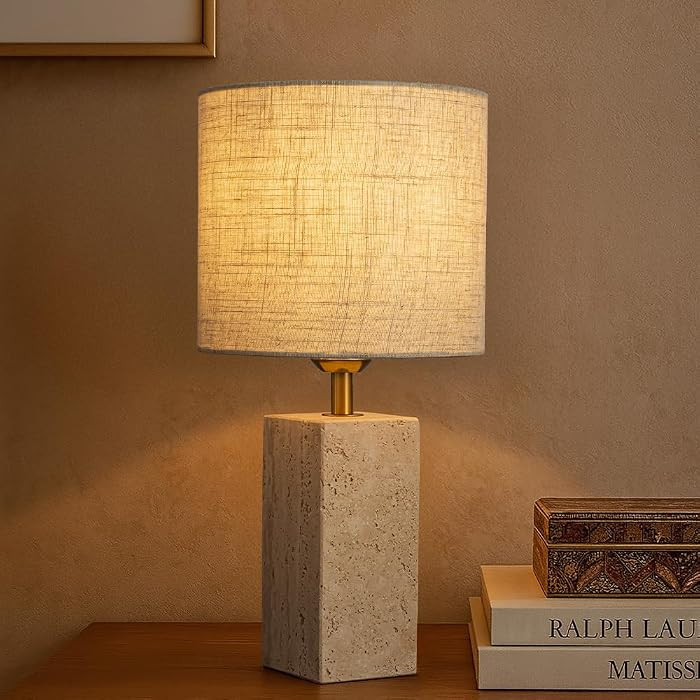 1-Light H16 inch Coastal Small Travertine Stone Table Lamp with Linen Fabric Shade Modern Decorat... | Amazon (US)