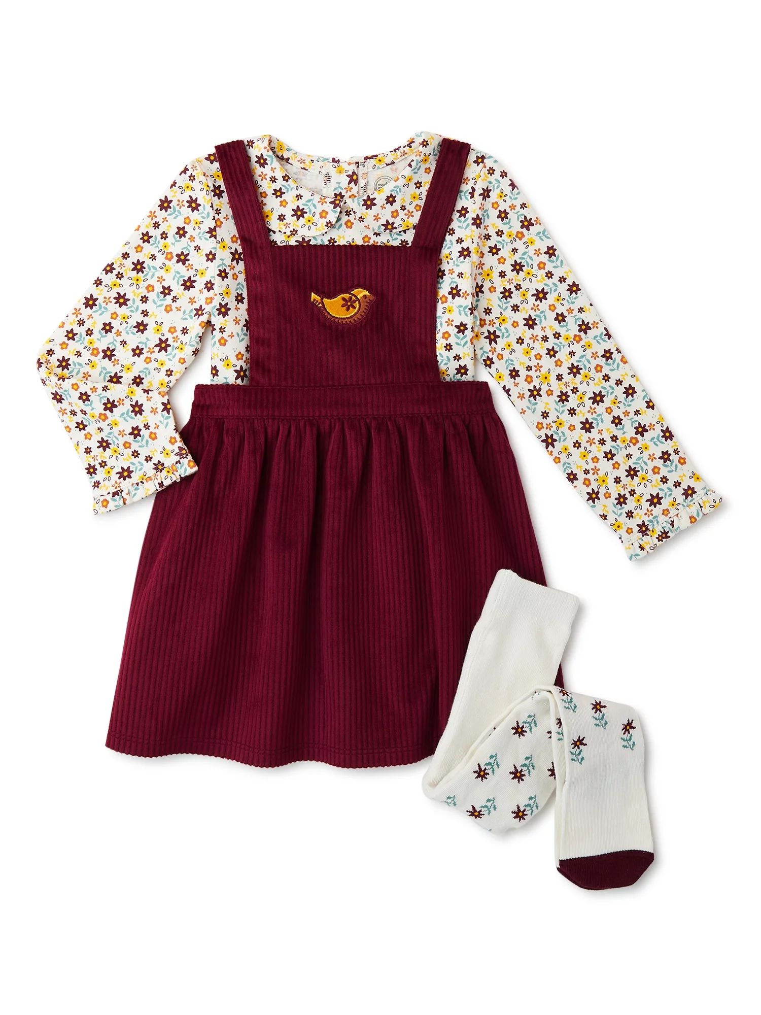 Wonder Nation Baby Girl Pinafore Dress, Long Sleeve Top and Tights Set, 3-Piece, Sizes 0/3M-24M -... | Walmart (US)