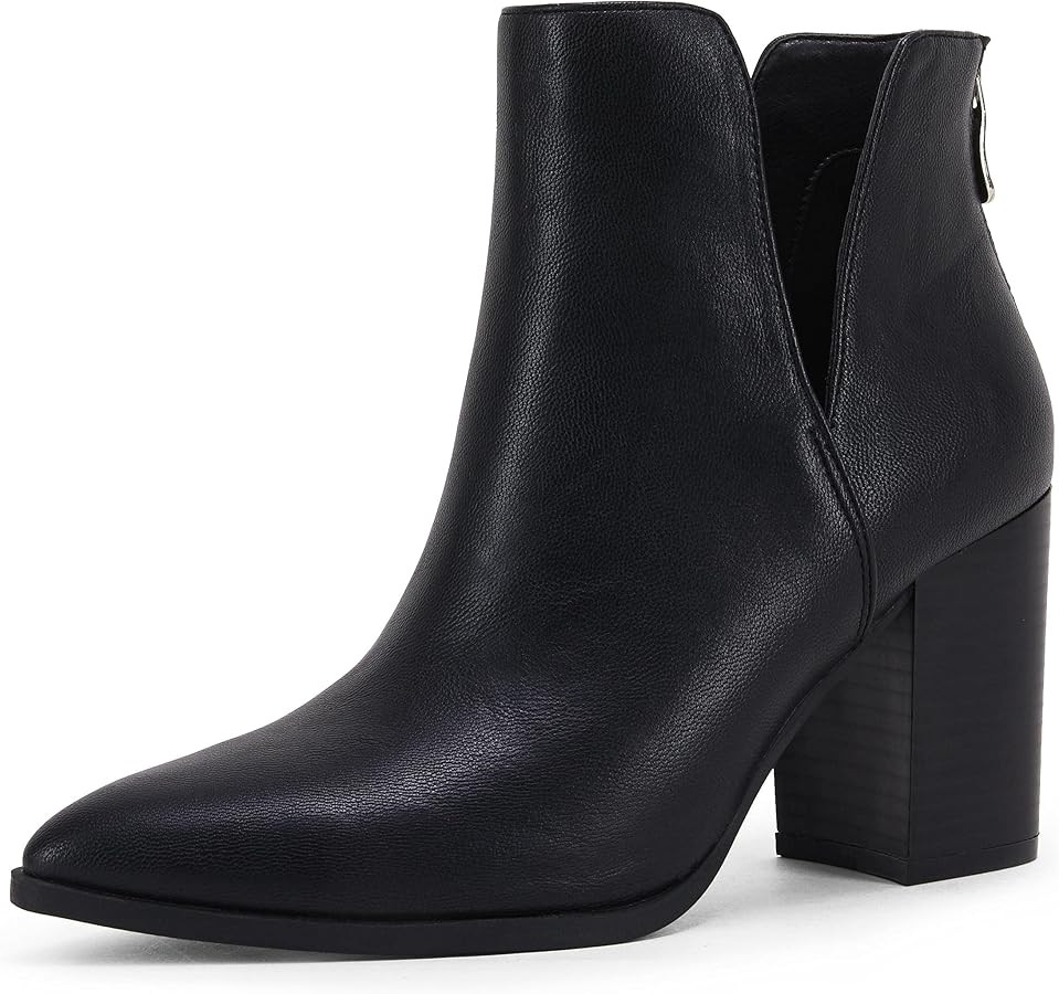 SERAIH Womens Pointed Toe Ankle Booties Stacked Mid Block Heel Cutout Back Zipper Shoes Faux Leat... | Amazon (US)