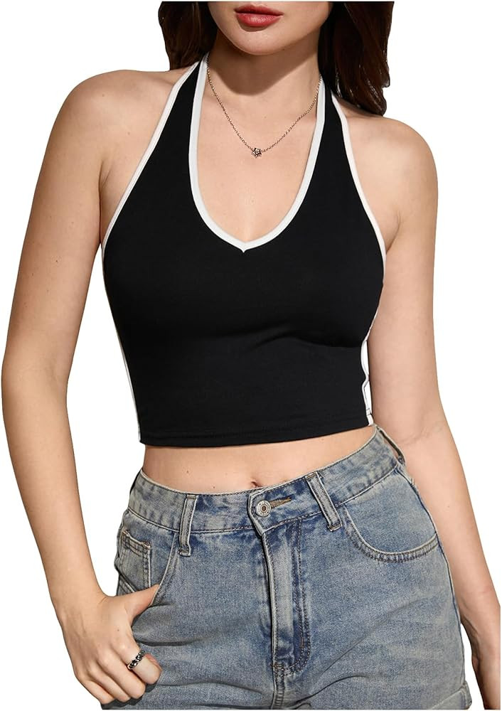 OYOANGLE Women's Sleeveless Halter Tank Top Open Back Contrast Binding Going Out Crop Top | Amazon (US)
