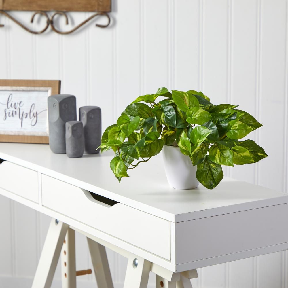 Nearly Natural 9 in. Artificial Pothos Plant in White Planter (Real Touch) | The Home Depot