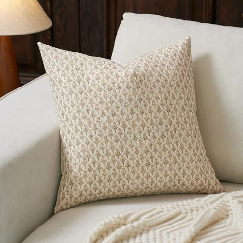 FIOUOVO Floral Pillow Covers 18x18 Pillow Cover Block Print Couch Pillows for Living Room Decorative Neutral Accent Throw Pillow Covers, 1PC, Cognac Brown | Amazon (US)