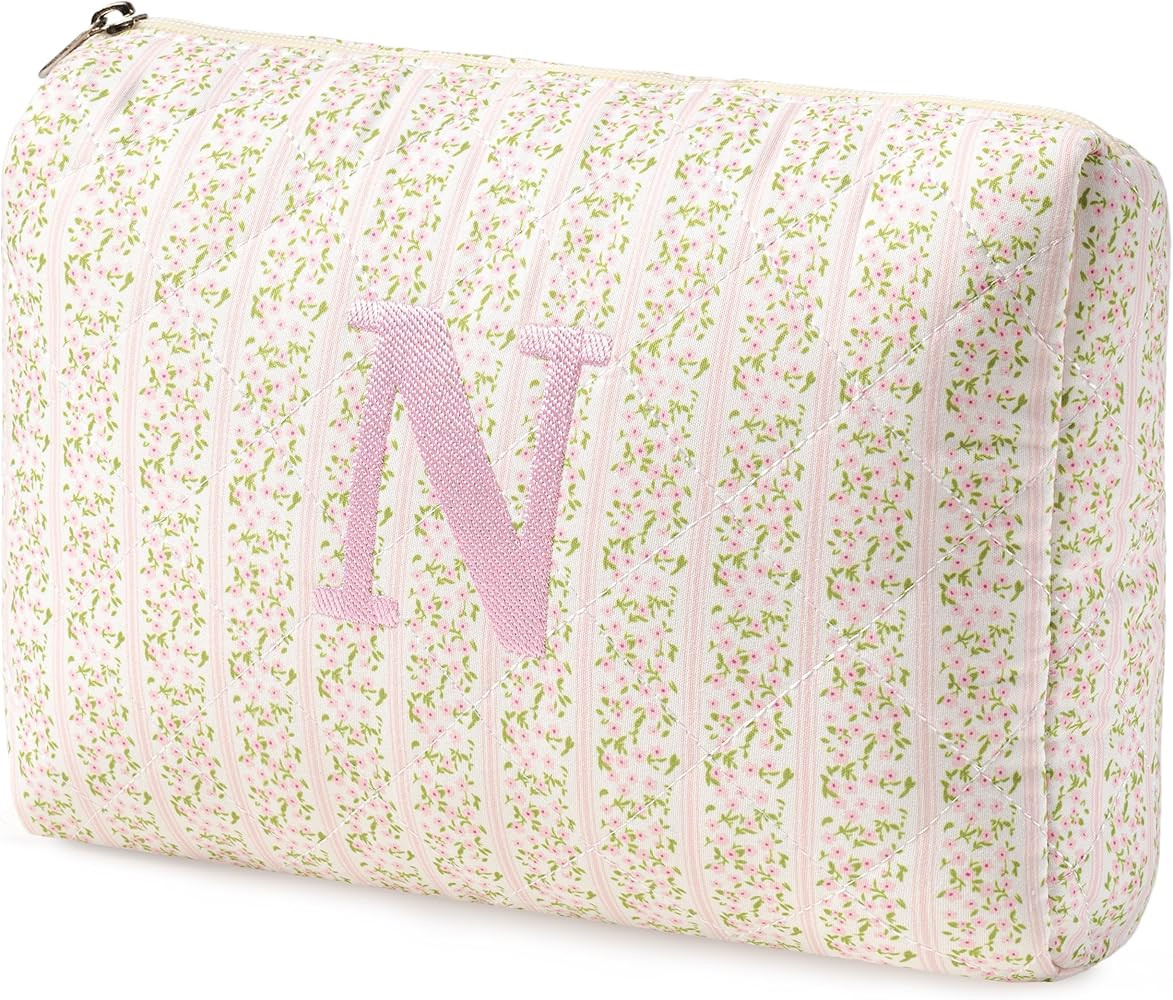 HBselect Initial Quilted Makeup Bag, Pink Cosmetic Travel Toiletry Bag, Flowers Coquette Zipper M... | Amazon (US)