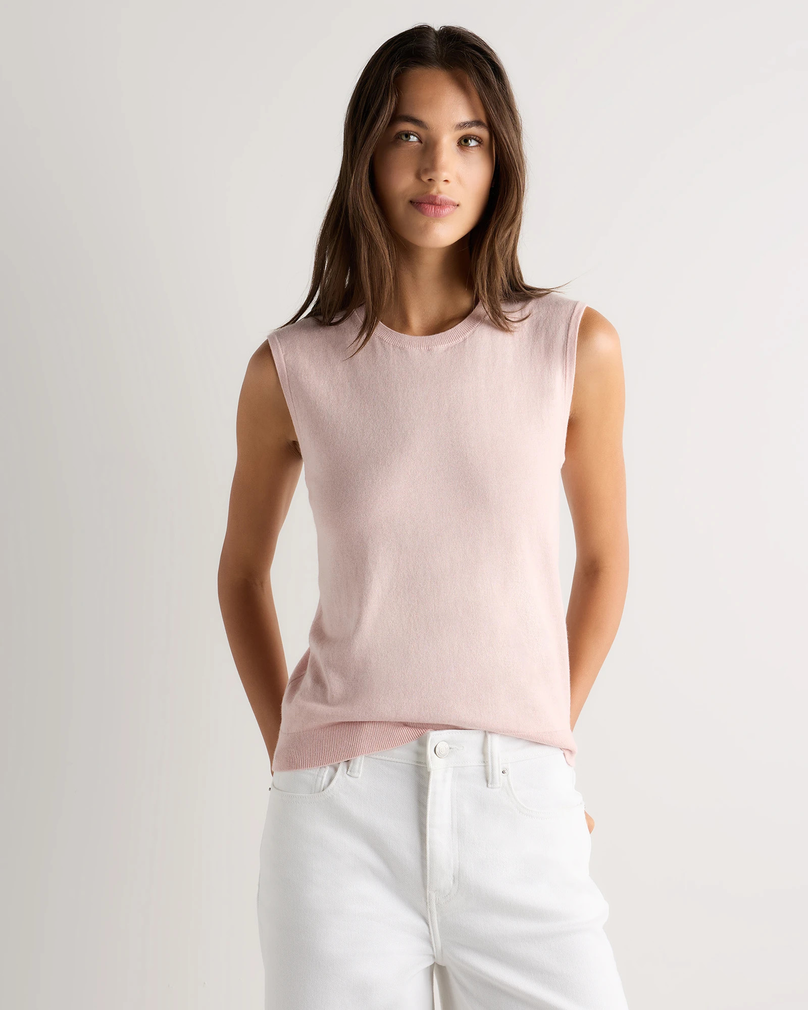 Quince | Women's Lightweight Cotton Cashmere Sweater Tank Top in Heather Oatmeal, Size Large | Quince