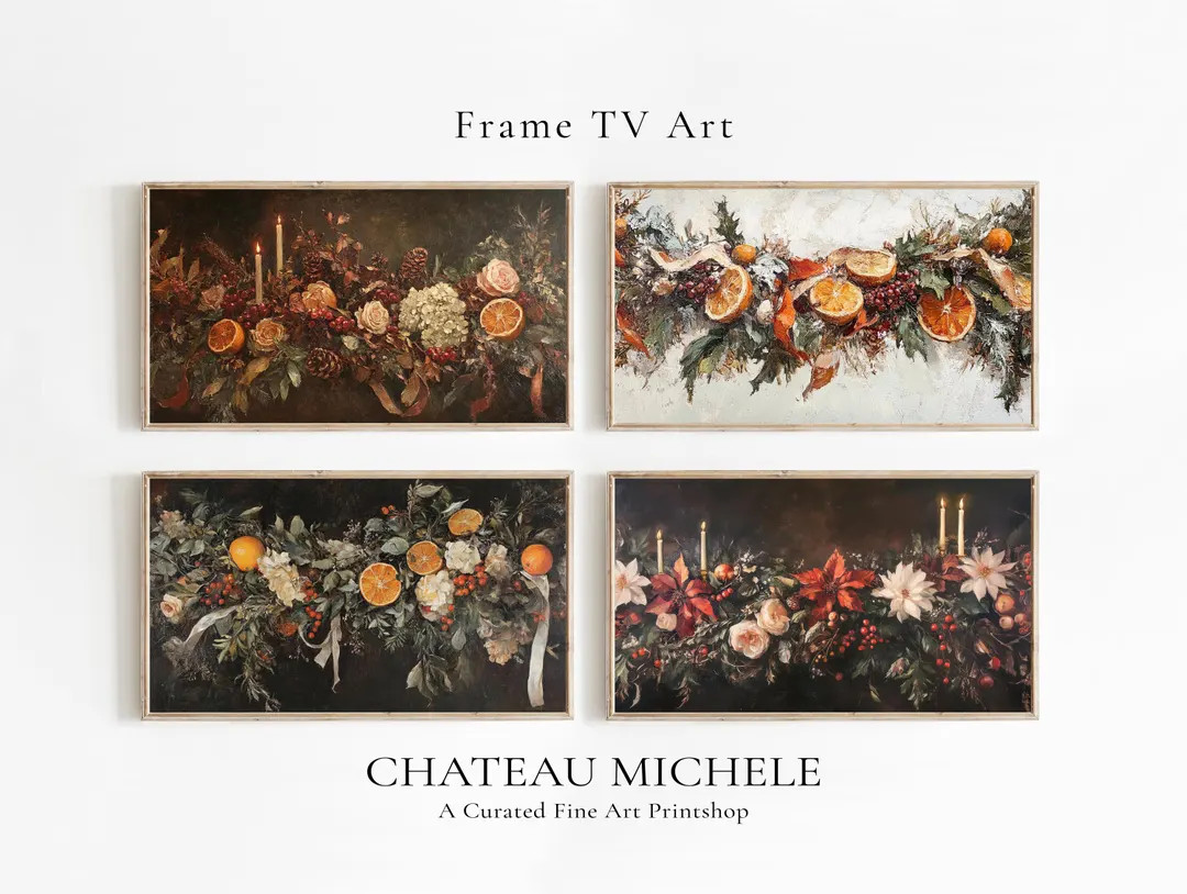 Vintage Winter Floral Christmas Frame TV Art Set, Vintage Christmas TV Art, Holiday TV Digital Do... | Etsy (US)