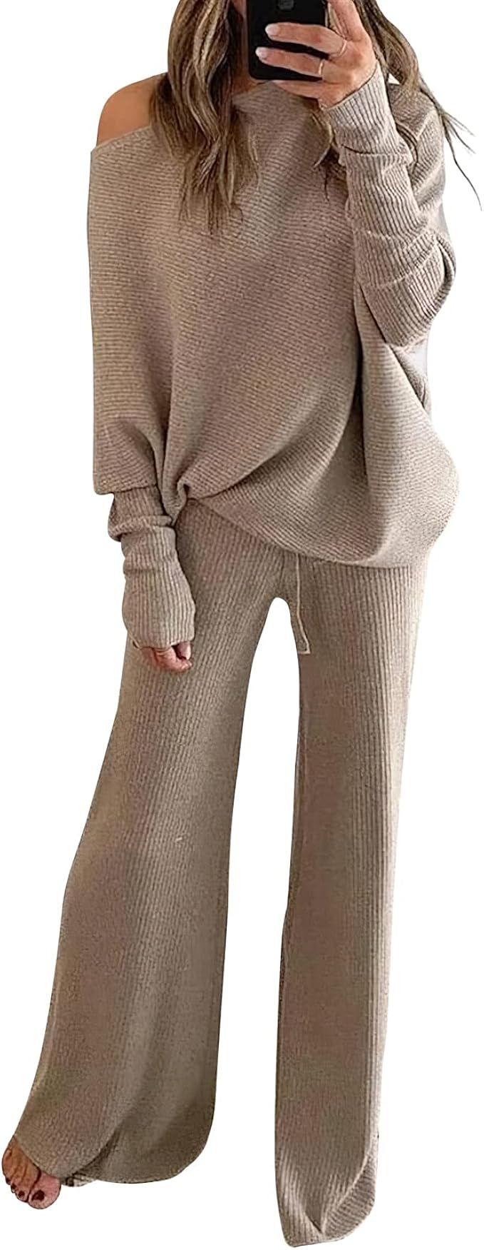 XASPEE Womens 2 Piece Sweatsuit Sets Kintted Loose Wide Leg Pant Corduroy Loungewear Outfits | Amazon (US)