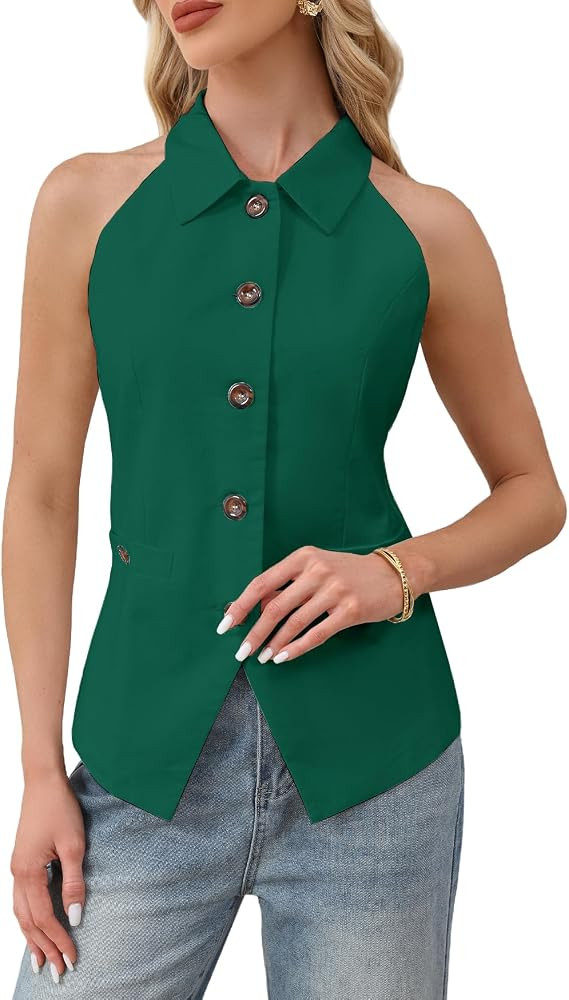 YEXPINE Women's Halter Neck Vest Lapel Collar Button Down Sleeveless Blazer Vest Business Casual ... | Amazon (US)