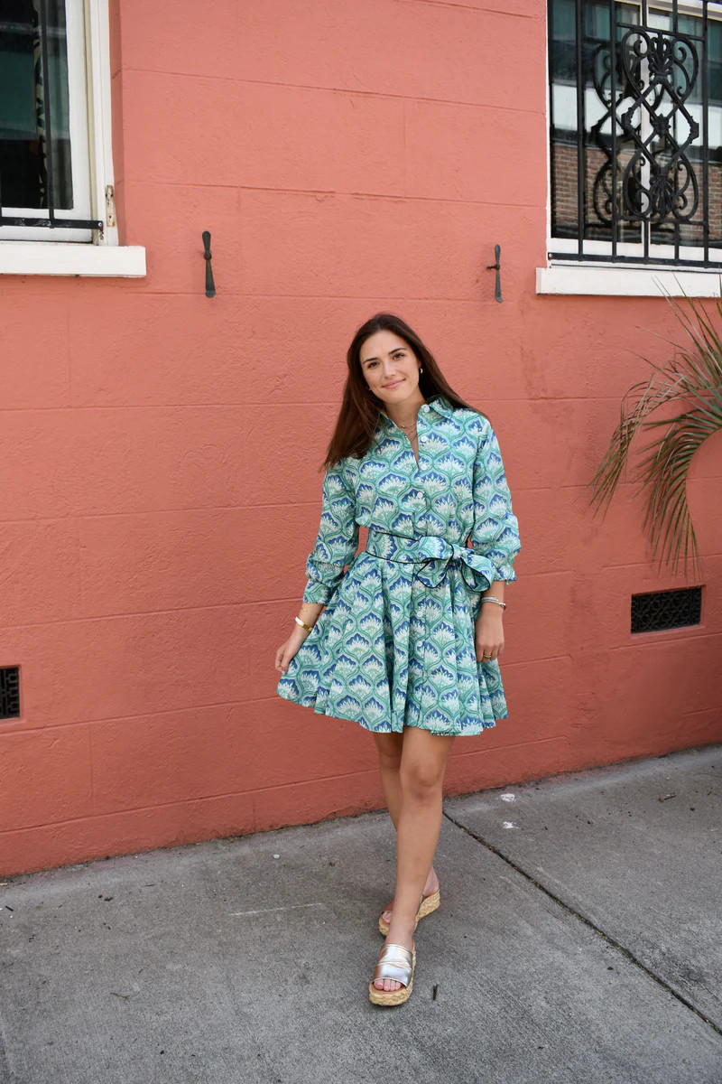 Tanner Belted Dress Turquoise Lotus | Madison Mathews