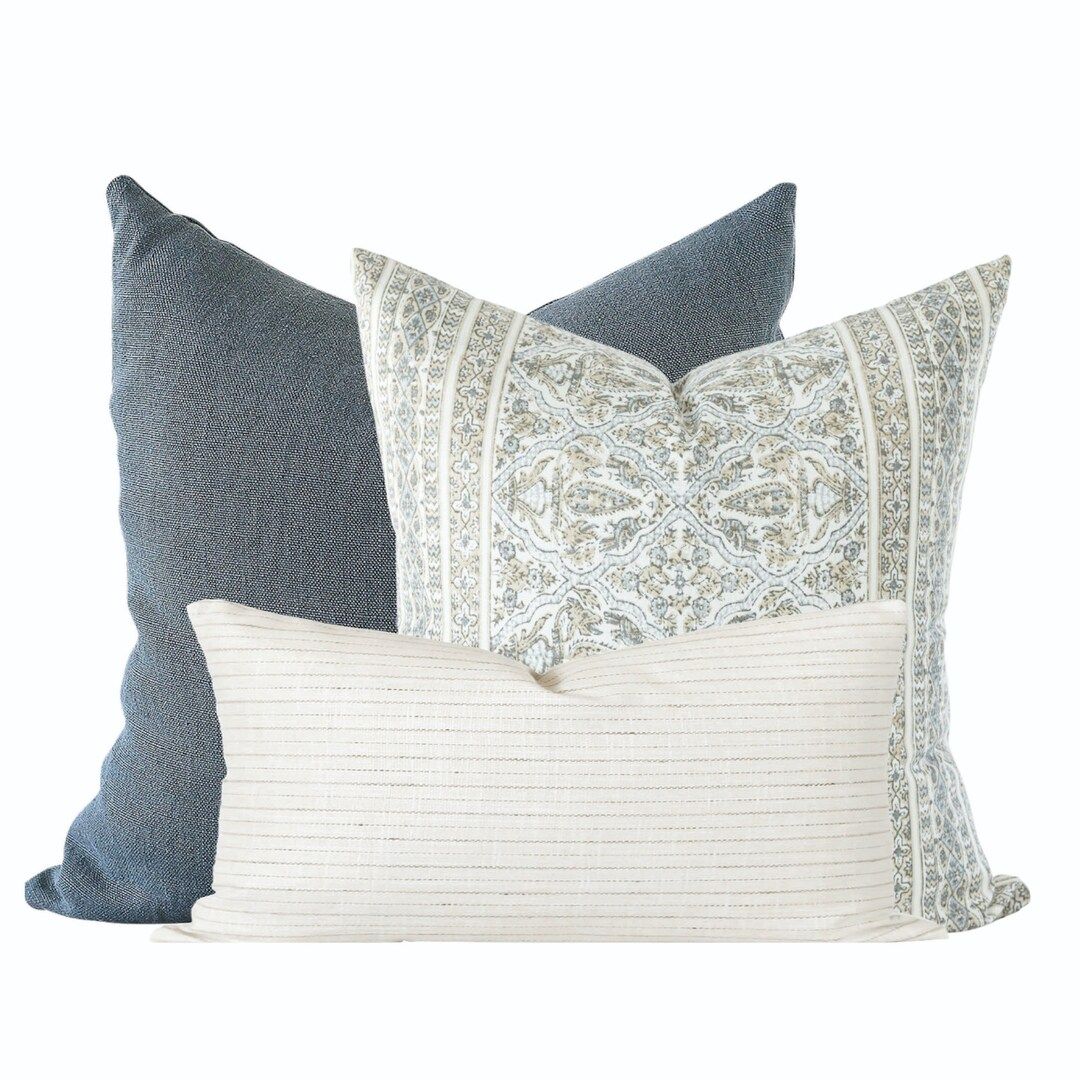 Pillow Combination Set, Floral Pillow Covers, Designer Pillow, Blue Linen Pillow Cover, Striped P... | Etsy (US)