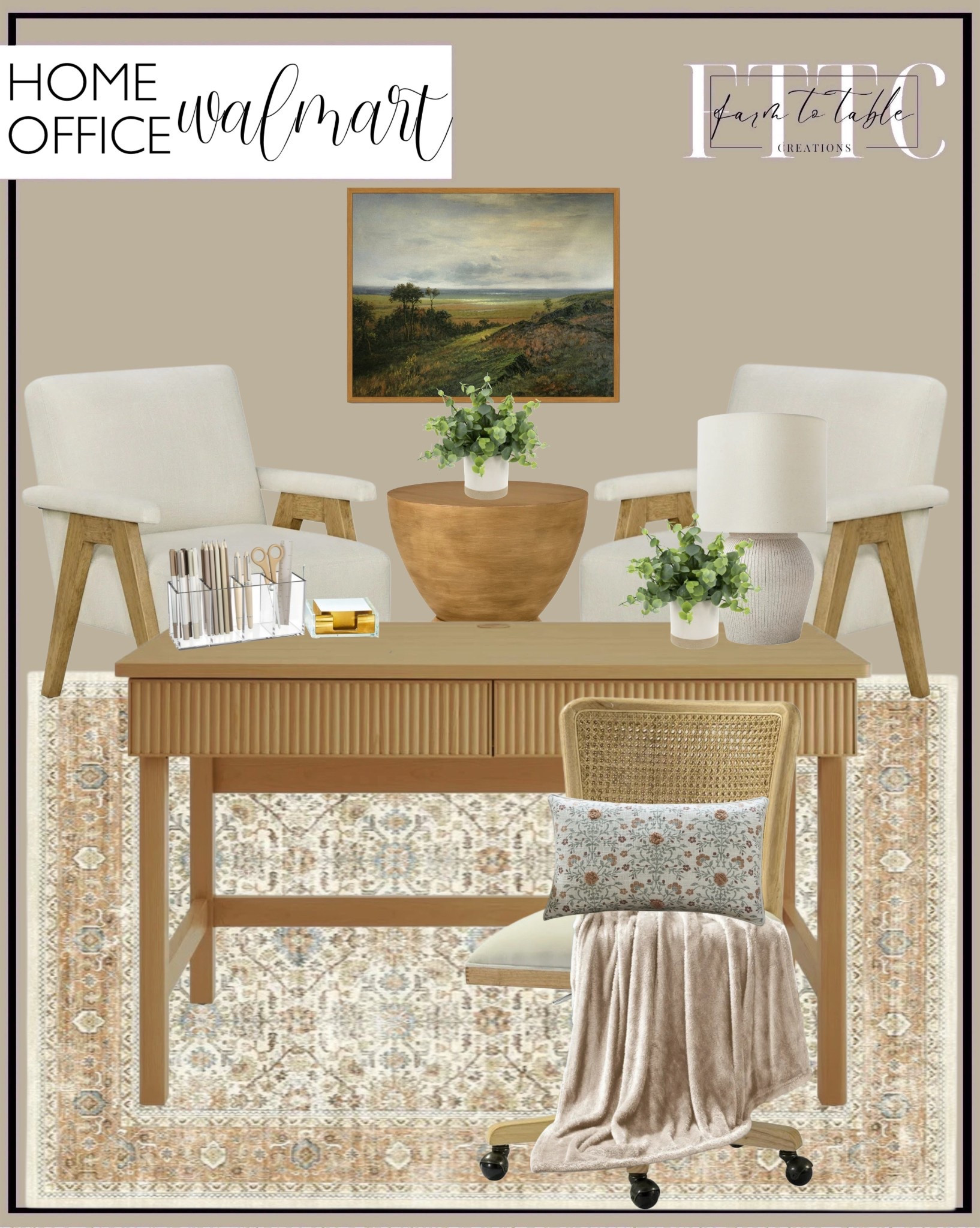 Walmart Home Office. Follow @farmtotablecreations on Instagram for more inspiration.

Washable Vintage Area Rug. Living Room Rug. Better Homes & Gardens Lillian Fluted Desk. Swivel Office Chair. James Wood End Table. Raw Sand Table Lamp. Acrylic Notepad Set. Acrylic Pencil Holder. Artificial Eucalyptus Plant in Pot. Framed Wall Art. My Texas House Floral Lumbar Pillow. Fleece Throw Blanket.  Ezra Accent Chair  

Walmart Home Office Finds | Spring Decor | Entryway Decor | Bedroom Furniture | nightstands | Home Decor| Fireplace Decor | Spring Refresh |  Bedroom Finds | Neutral Stems | Spring Stems | Bookshelf Decor | Bedroom Space | Cozy Corner | Bathroom | Curated Entryway | Spring  Decor | End of Year Clearance | Trending Decor | Viral Decor  | Coffee Table Decor | Neutral Decor | Stem Sale | Target Finds | Skinny Bench | Bedroom | Living Room | Breakfast Nook | Amazon Home | Target Sale | Loloi Rugs | Magnolia Home | console table | console table styling | faux stems | entryway space | front porch decor | neutral decor | entryway decor | cozy home | affordable decor |  home decor | home inspiration | console styling | entryway rug | cozy moody home | moody home decor | neutral home | bathroom decor | living room | spring decor | Hearth & Hand | Studio McGee | 2025 Home Trends | trending home | Crate&Barrel 

#LTKHome #LTKSaleAlert #LTKFindsUnder50