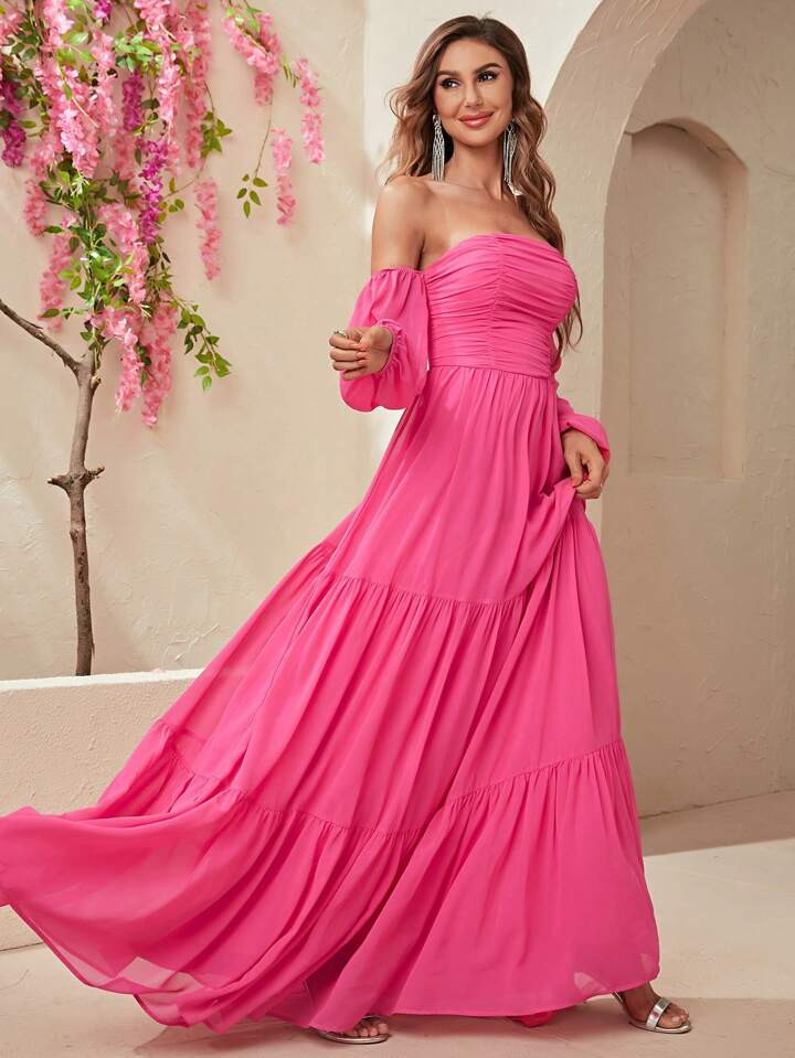 Giffniseti Off Shoulder Ruched Ruffle Hem Dress | SHEIN
