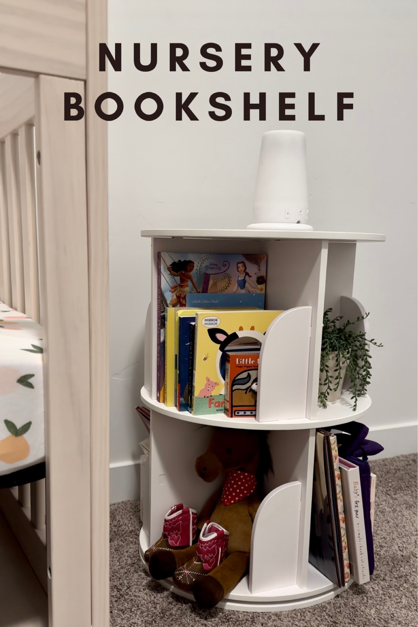 It spins and acts as a side table! Mine is less than halfway full and holding 30 books 💗

#LTKkids #LTKbump #LTKbaby
