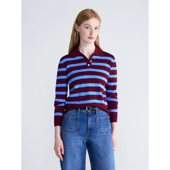 Free Assembly Women's and Women's Plus Polo Sweater with Long Sleeves, Lightweight, Sizes XS-4X | Walmart (US)