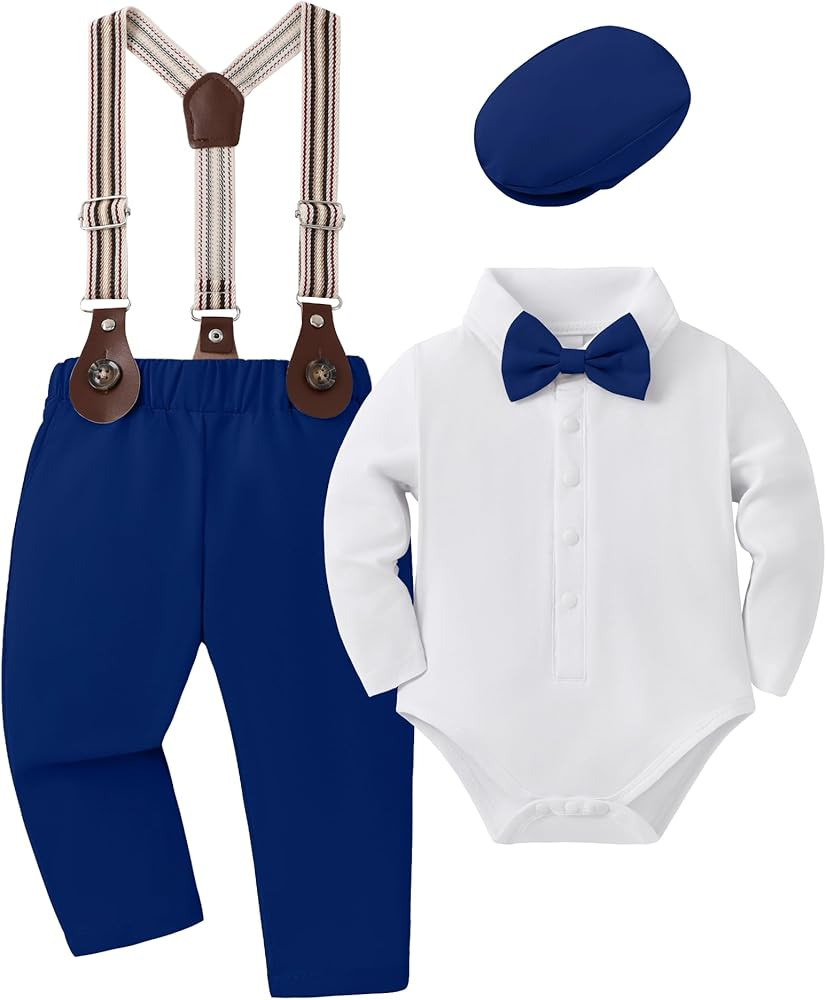 YUEMION Baby Boy Clothes Wedding Outfit Infant Tuxedo Gentleman Suits Dress Shirt+ Beret Hat +Sus... | Amazon (US)