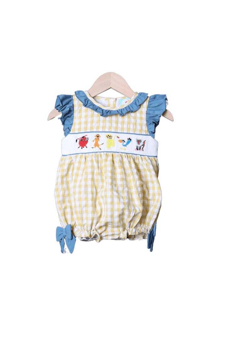 Smocked Lion Friends Stone and Yellow Seersucker Bow Bubble | The Smocked Flamingo