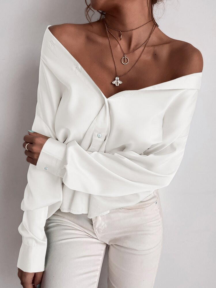 SHEIN Unity Button Up Solid Tunic Blouse | SHEIN