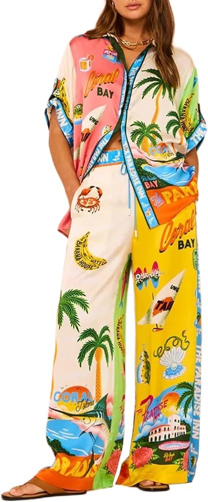 Peaceglad Women's Summer Print Two Piece Pajama Set Short Sleeve Button Down Tops Drawstring Long... | Amazon (US)