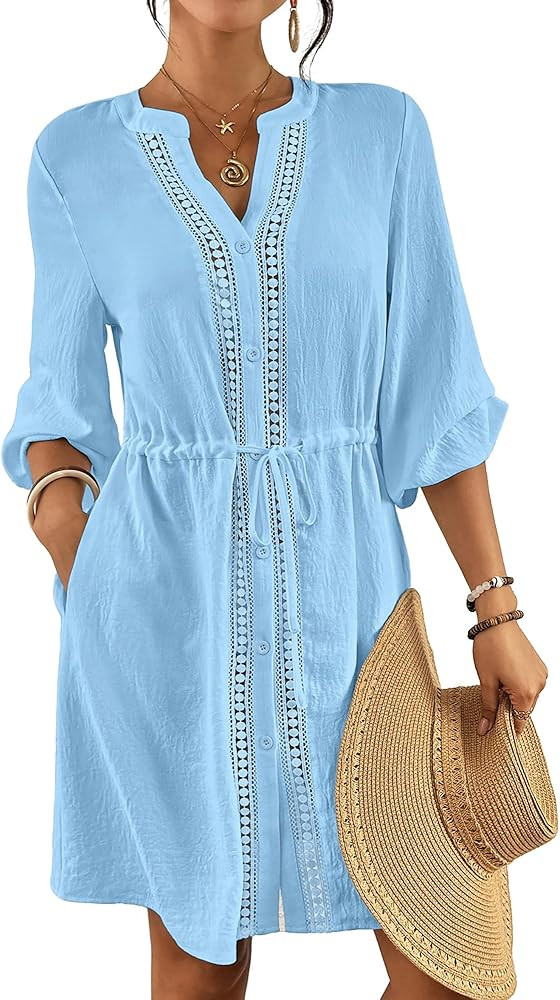 Bsubseach Swimsuit Coverup for Women V Neck Bathing Suit Cover Up with Pocket Drawstring Button Down Beach Shirt Dresses Blue S at Amazon Women\u2019s Clothing store | Amazon (US)