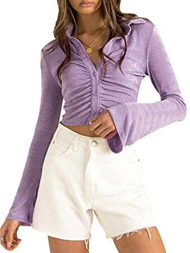 LYANER Women's Collar Button Down Ruched Long Sleeve Fitted Crop Tee Shirt Top Purple Medium | Amazon (US)