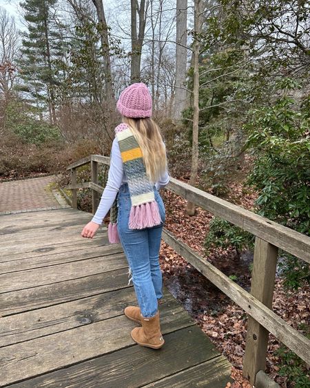 Colorful knit pattern scarf from Urban Outfitters🧣 scarf is available in other color ways. my pink beanie is crocheted using Lion Brand Wool Ease Thick & Quick Super Bulky Yarn 🧶 

#LTKSeasonal #LTKfit #LTKunder50
